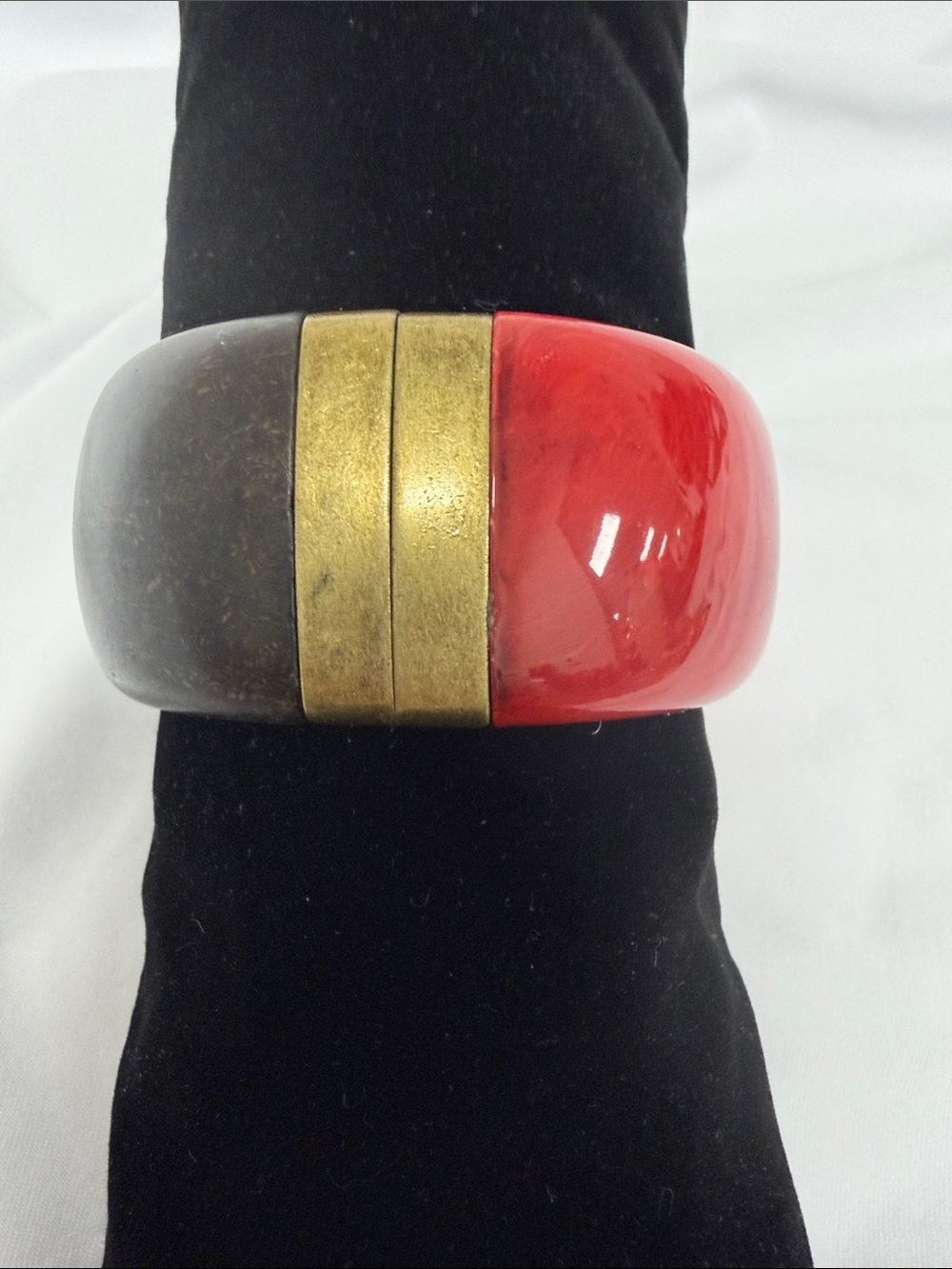 Red and Brown Resin hinged cuff Bangle with Brass Accent-premier designs